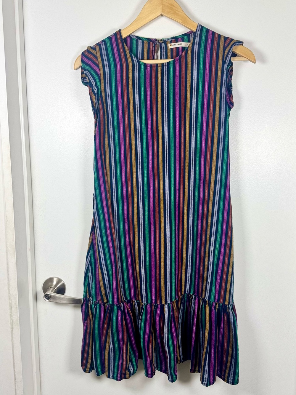 Marine Layer Laney Striped Mini Dress Women’s Small Ruffle Hem Linen Blend Navy